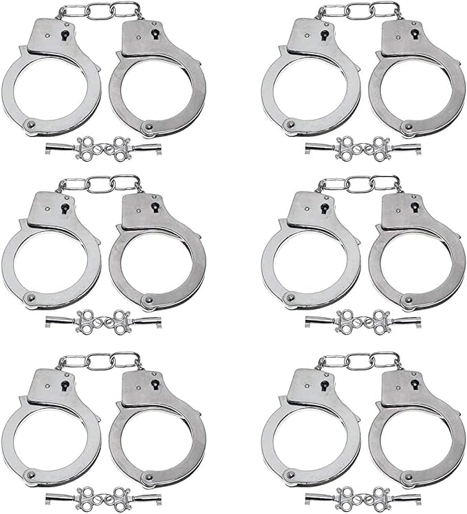 6PCS Toy Handcuffs for Halloween Costumes Hand Cuffs Metal Handcuffs with Keys Toy Hand Cuffs Role Play Police Costume Prop Chain Hand Cuffs with Safety Release Metal Play Handcuffs Role Play