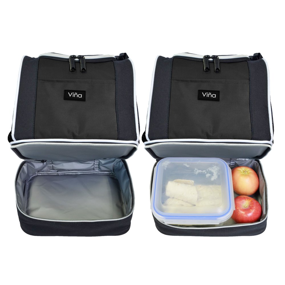 Vina Insulated Lunch Bag, Dual Compartment Reusable Bento Lunch Box Cooler Tote with Shoulder Strap for Adult and Kids, Black