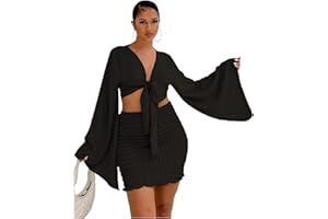 LYANER Women's 2 Piece Outfits Tie Knot Front Bell Long Sleeve Crop Top and Mini Skirt Set