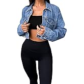 JerXox Women's Cropped Denim Washed Distressed Button Down Long Sleeve Jean Jacket Coats