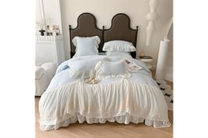 IHOUSTRIY Lace Duvet Cover Full Size, Chiffon Ruffled Beddding Set with Flower, 3 Pieces Comforter Cover Set with Zipper Closure, Girl Princess Bedding with Pillowcase - Blue, Full