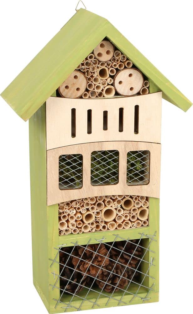 Small Foot Wooden Insect Hotel Into The Green with Practical Hanger Assembly, Nesting Assistant And Hibernation Spot for Insects, Garden Decor