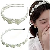 Thinslimer 2PCS Rose Flower Pearl Metal Headbands,White Floral Hair Accessory,Wedding Headpiece Women's Fashion Hairbands