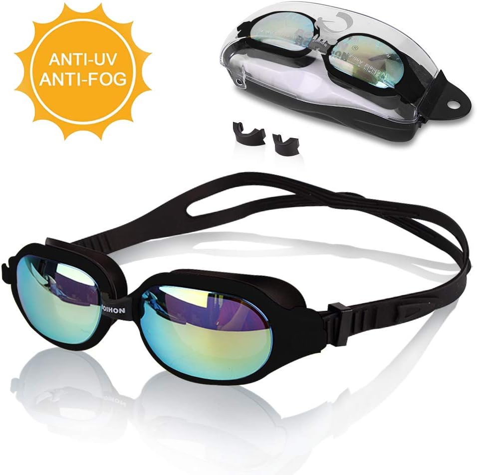 GOODNEW Adult Swimming Goggles No Leaking Waterproof Anti-Fog UV Protection Pool Sport Eyeglasses and Widely Clear View Swimming Goggles with Replaceable Nose Bridge (Black)