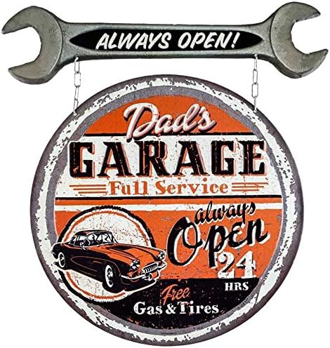 Large Vintage Style Dad's Full Service Garage Always Open Metal Tin Wall Sign