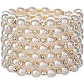 COLORFUL BLING Chunky Imitation Pearl Bracelet for Women Multi Row Layered Crystal Rhinestone Stackable Wrap Open Cuff Bangle Bridal Wedding Jewelry