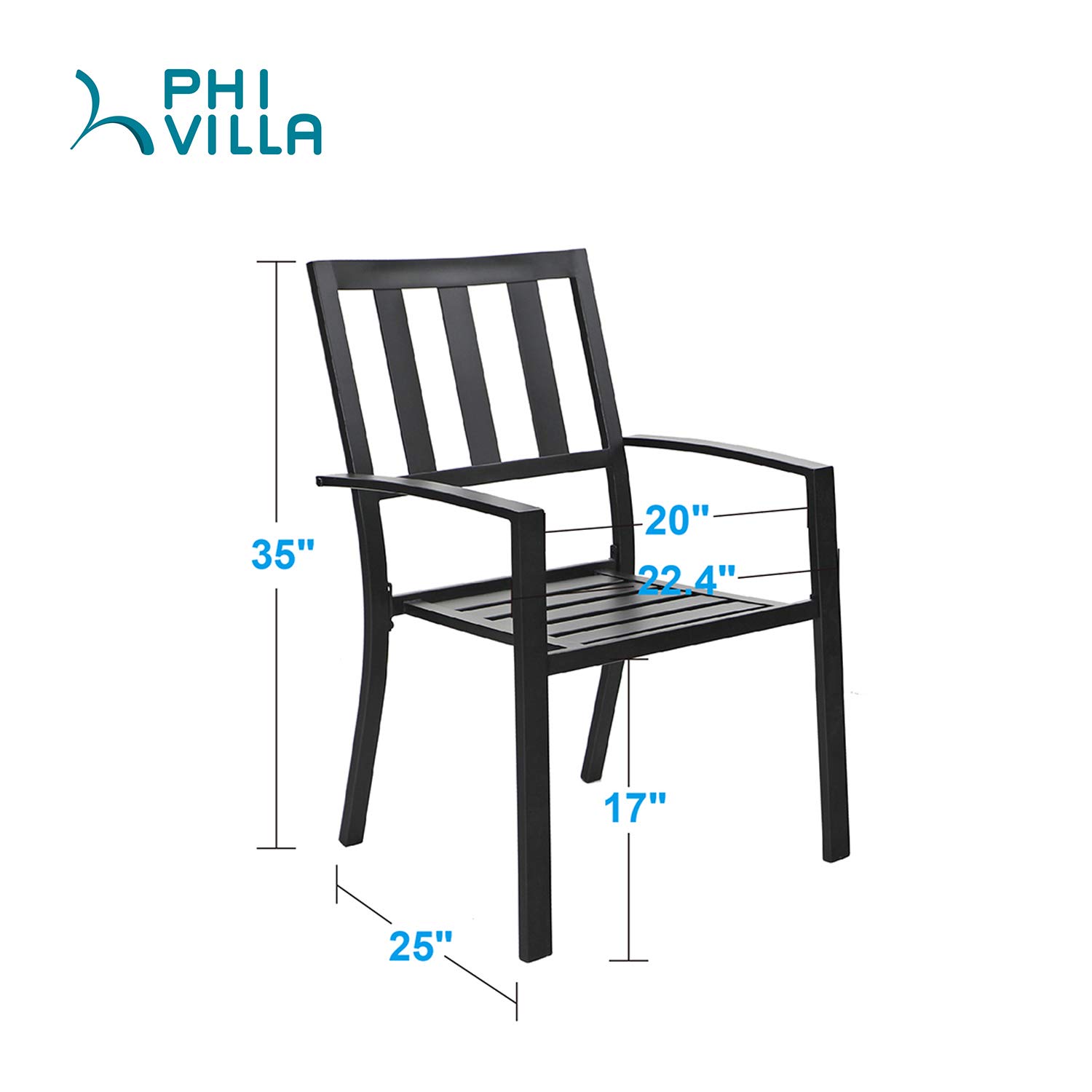 PHI VILLA Metal Patio Outdoor Dining Chairs Set of 2 Stackable Bistro Deck Chairs for Garden Backyard Lawn Support 300LB, Black