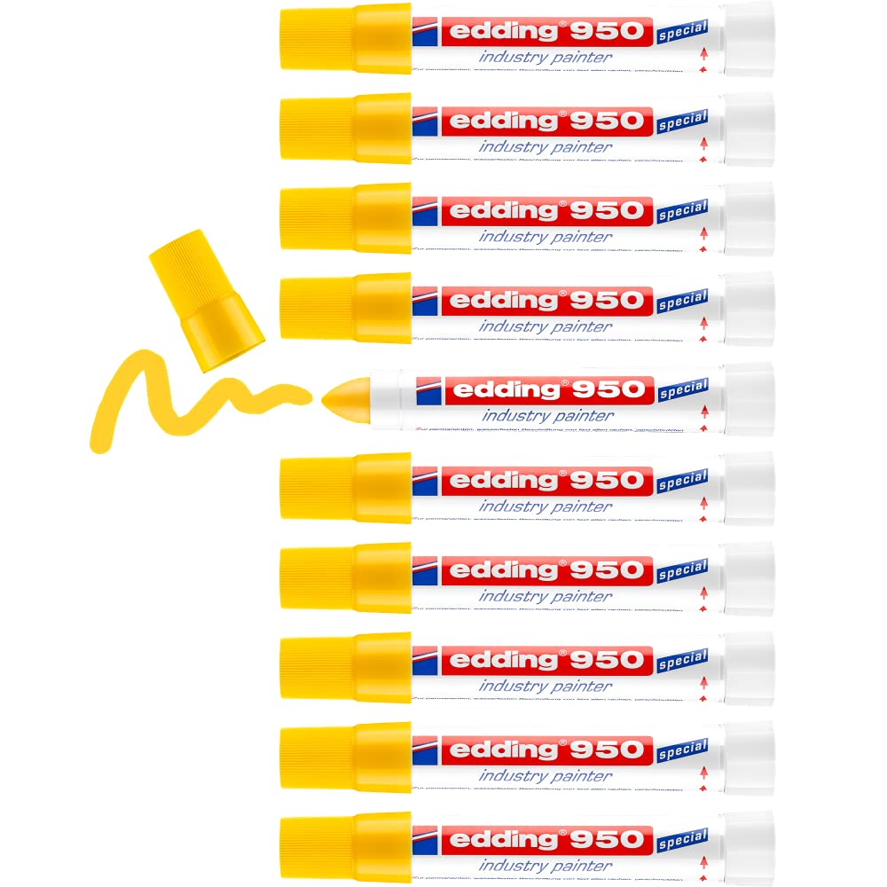 edding 950 industry painter - yellow - 10 pens - round tip 10 mm - marker for writing on metal, rocks, wood - rough or wet surfaces - Permanent, waterproof