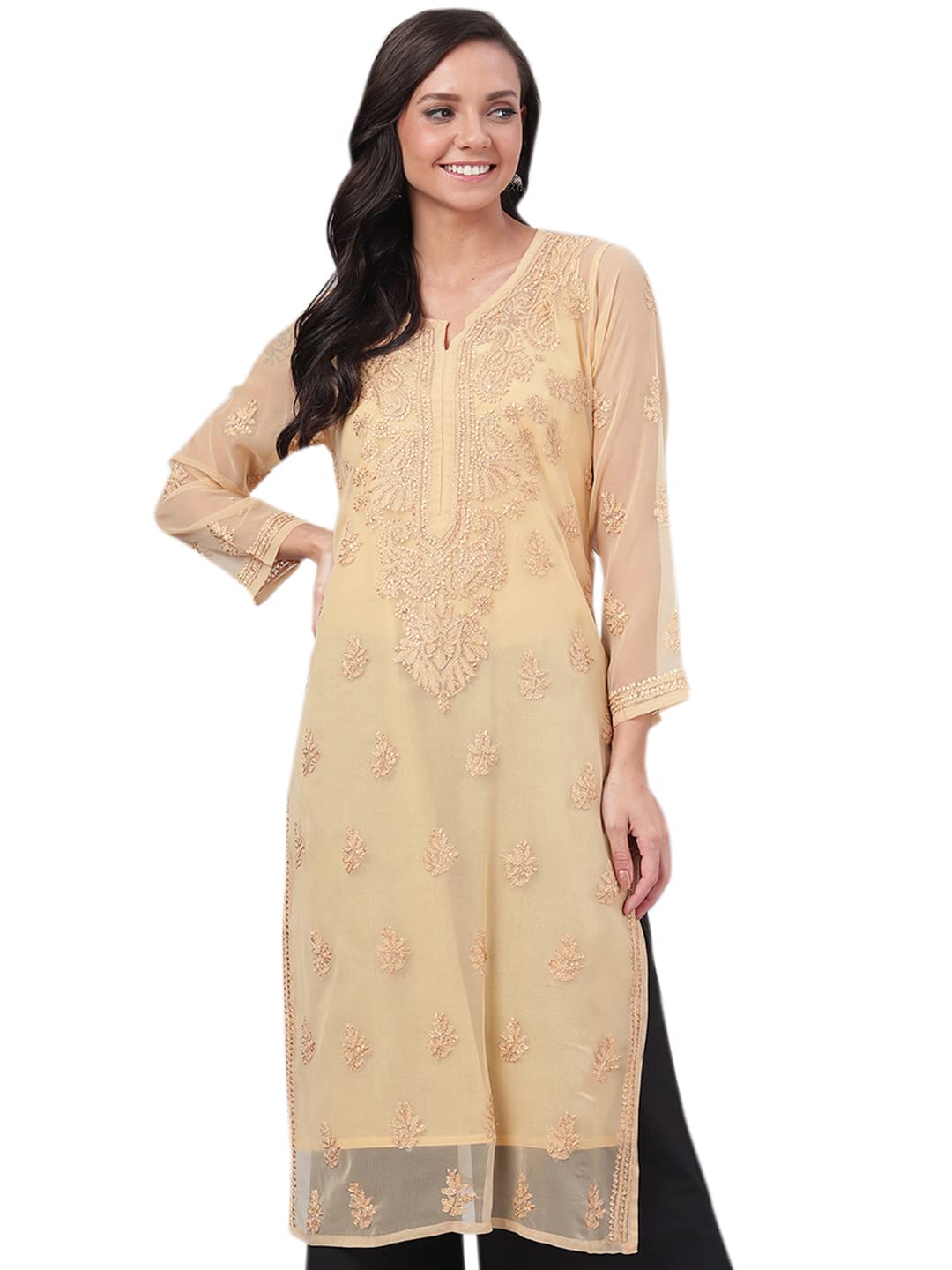 Ada Indian Hand Embroidered Chikankari Straight Georgette Kurti Kurta with Slip for Women A130702 (Fawn, 3XL)