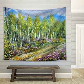 Oil Painting of Wood, Beautiful Trees and Flowers in The Forest - Fabric Wall Tapestry Home Decor - 51x60 inches