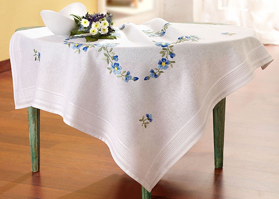 DECO-LINE Forget-ME-NOT 80X80CM Printed Tablecloth Embroidery KIT, White, 31.5 x 31.5 inch (Square)