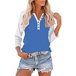 3/4 Length Sleeve Womens Tops Cotton Dressy V Neck