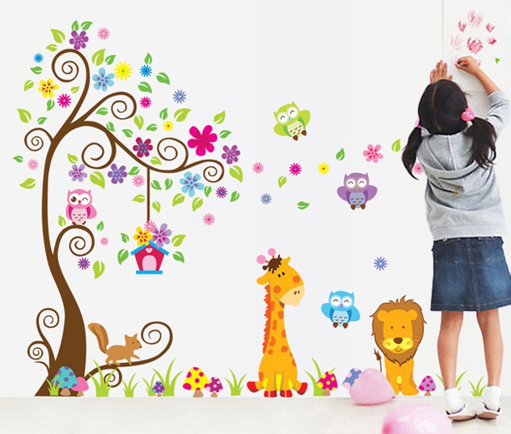 ufengke Albero di Fiori Colorati Gufi Carino Giraffa Leone ufengke Albero di Fiori Colorati Gufi Carino Giraffa Leone Adesivi Murali Camera dei Bambini Vivai Adesivi da Parete Removibili Stickers