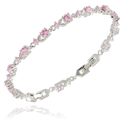 Jewelya Damen Armband Weissgold Vergoldet mit Rosa Zircon Kristall 19cm
