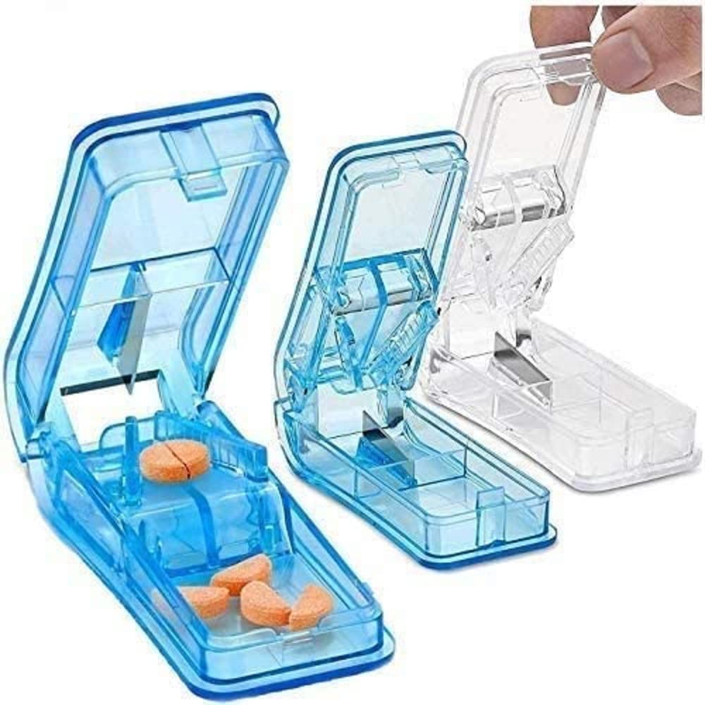 Pill Cutter - (Pack of 3) - V- Grip Pill Crusher and Cutter for Vitamins, Big & Small Pills, and Medication - Transparent Pill Splitter with Pill Holder Case to Split