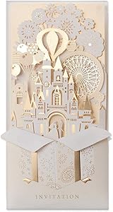 JOFANZA 50 Pieces Laser Cut Wedding Invitations Cards 3D Fairy Gold Gilding Bride and Groom in Castle Invitation for Engagement Bridal Shower Anniversary Marriage Mr Mrs Invites (Set of 50pcs)