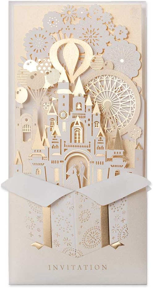 JOFANZA 100 Pieces Laser Cut Wedding Invitations Cards 3D Fairy Gold Gilding Bride and Groom in Castle Invitation for Engagement Bridal Shower Anniversary Marriage Mr Mrs Invites (Set of 100pcs)