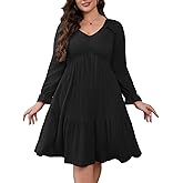 Women's Plus Size Midi Long Sleeve Dress V Neck A Line Ruffle Flowy Lightweight Sweater Fall Winter Dresses with Pockets