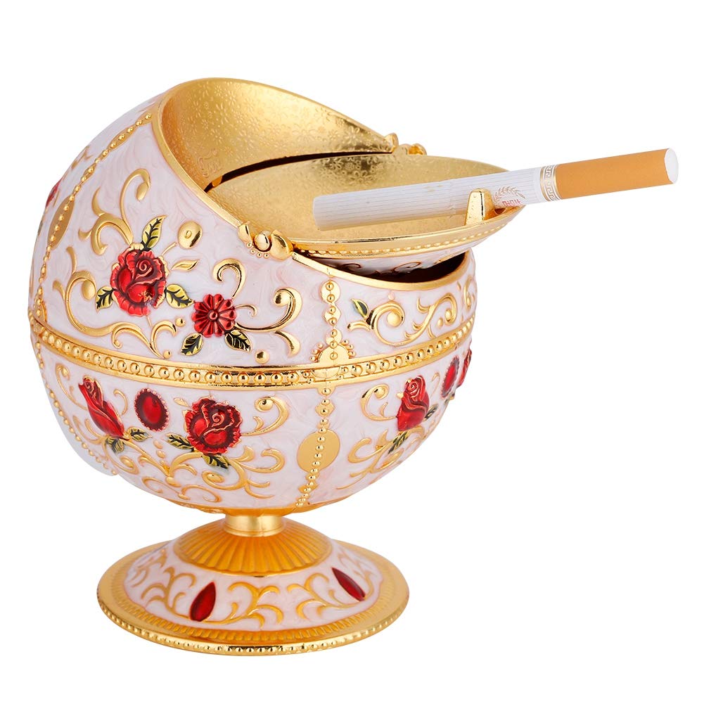 Metal Globe Ashtray, Rose Pattern Vintage Windproof Ashtray with Lid Portable Tabletop Cigarette Ashtray for Outdoors Indoors Home Office Hotel Use by Men Women