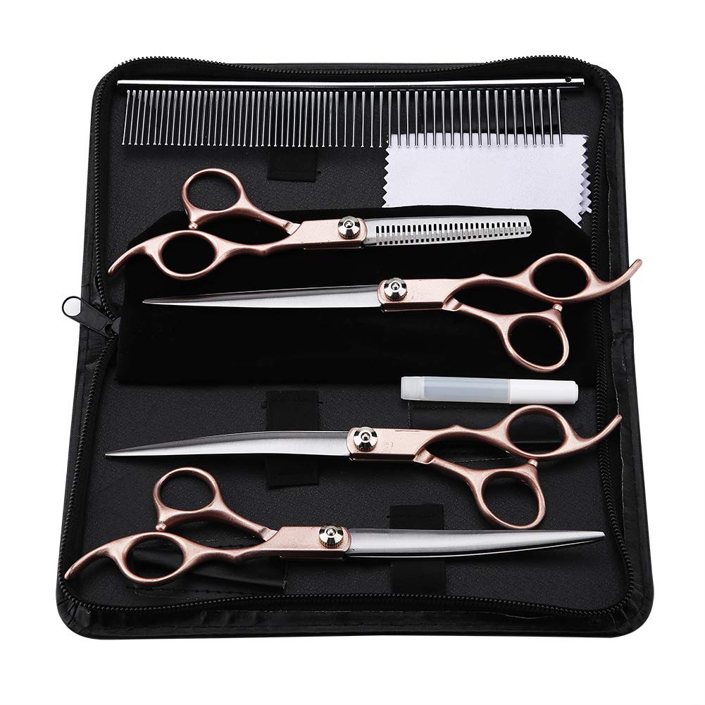 4PCS Pet Grooming Scissors Set, 7" Professional Stainless Steel Sharp Shears Comb Kit for Pet Dog Cat Modeling Trimming Tool (Gold)