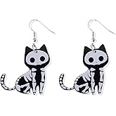 Black Cat Drop Earrings for Women Men Skull Skeleton Cat Earring Acrylic Halloween Party Cats Earring