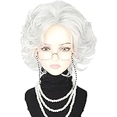 LeMarnia Old Lady Wig Costume Set for Women Short Curly Beige Grey Granny Wigs for Cosplay 100 Years Old Woman Wig Halloween Party Wigs