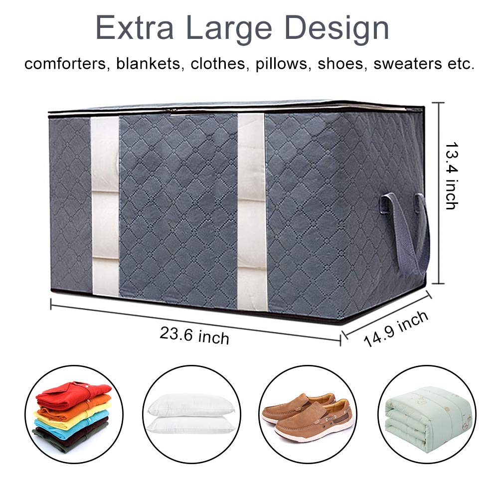 Large Capacity Clothing Storage Bag Organizer, 3 Pack Foldable Storage Bags with Double Zippers for Comforters, Large Clear Window & Portable Handles, Great for Clothes, Blankets
