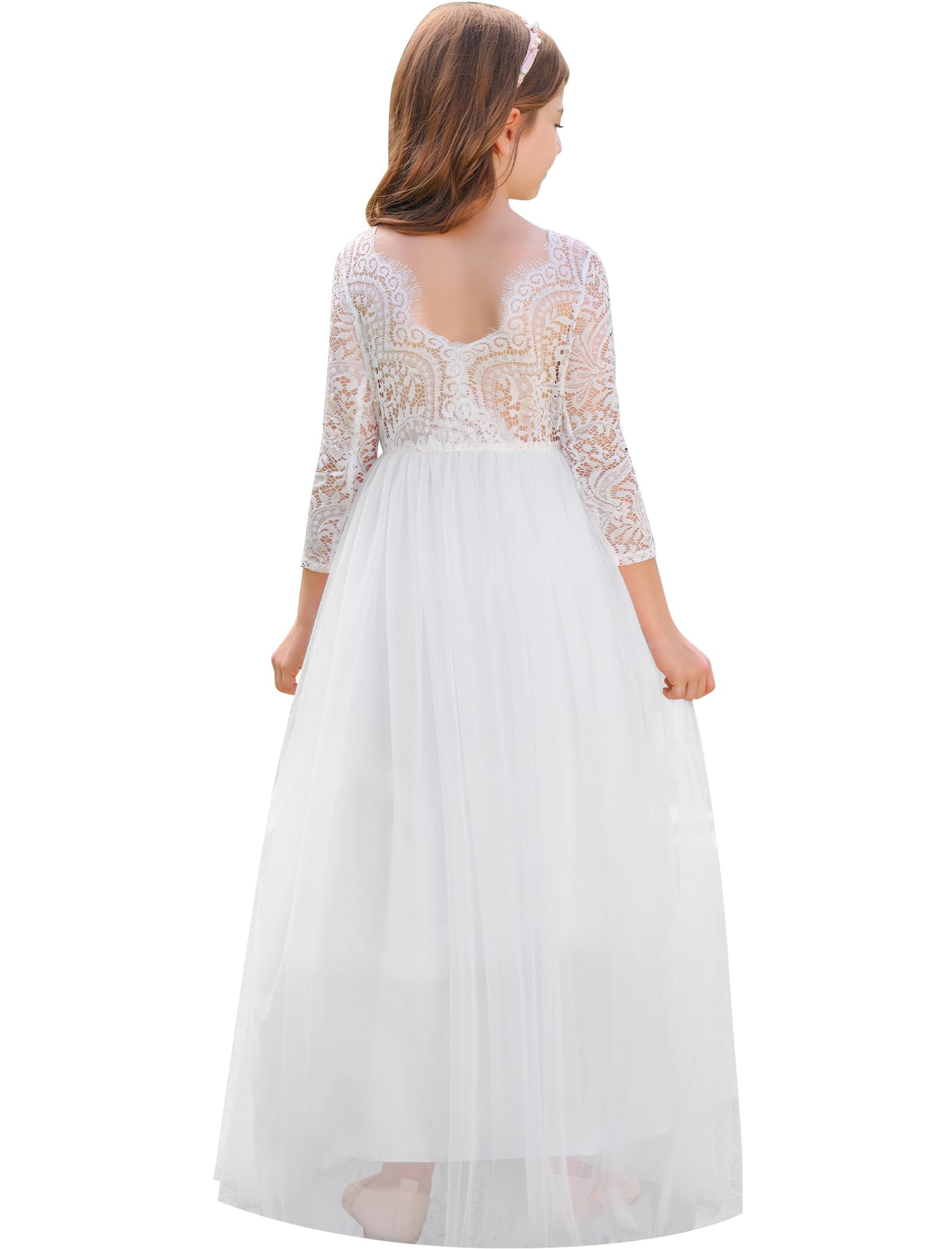 Photo 1 of IBTOM CASTLE Flower Girl Dress Boho 3/4 Sleeve Lace Back Tulle Long Dresses A-Line Wedding Bridesmaid First Communion Princess Pageant Homecoming Ball Prom Gown White-3/4sleeve 9-10 Years