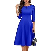 HomRain Women's Fit and Flare Midi Dress-3/4 Sleeve Modest Church Dress Classy Causal Work Dresses with Pockets