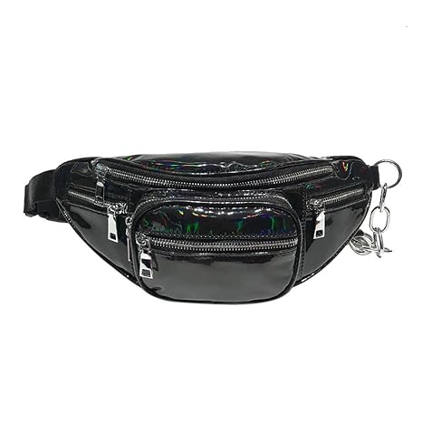 Yourig Unisex Shining PU Leather Chain Chest Pack Waist Hip Handbag/Black