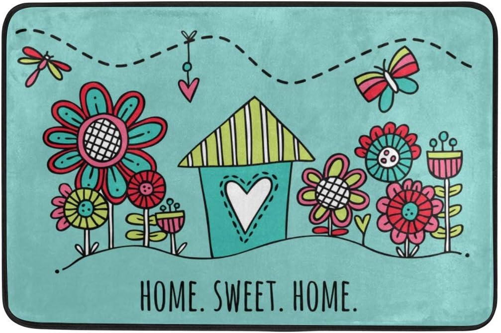 Bikofhd Cute House Flower Home Sweet Doormat 15.7 x 23.6, Living Room Bedroom Kitchen Bathroom Decorative Lightweight Foam Printed Rug