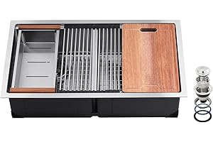 VEVOR 33 inch Kitchen Sink Workstation, 304 Stainless Steel Undermount Sink, Drop-In Double Bowl Farmhouse Basin with Ledge &