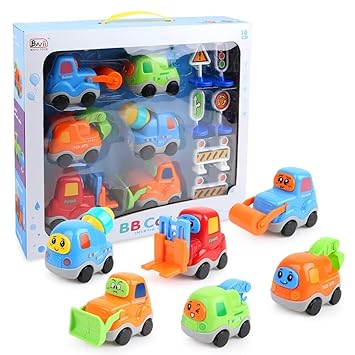 Arkmiido Friction Powered Cars Car Toy Push and Go Car Construction Vehicles Toys Cartoon Cars for Toddlers Kids (Set of 6)
