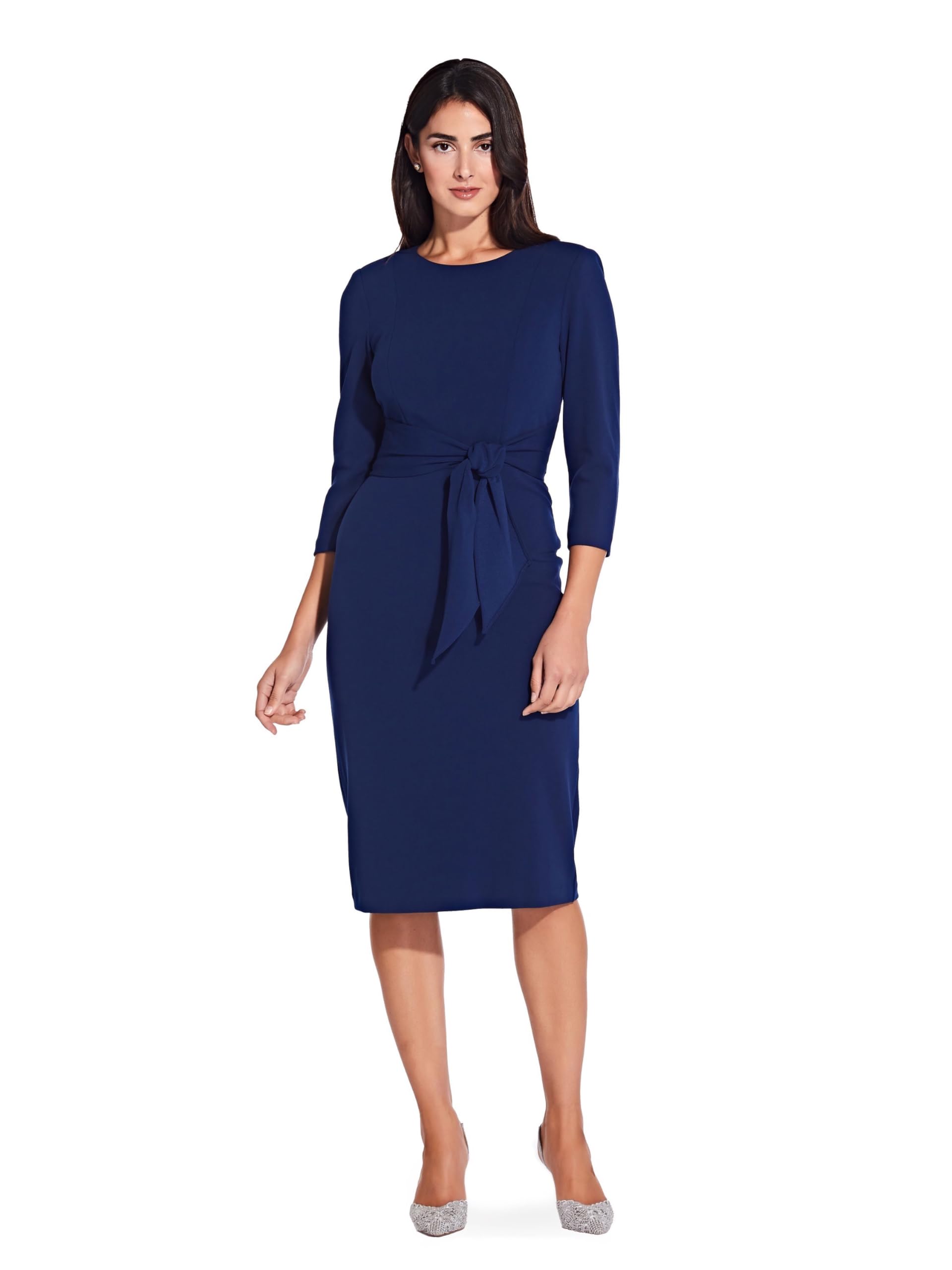 Adrianna Papell Women’s Knit Crepe Tie Waist Sheath, Navy Sateen, 18