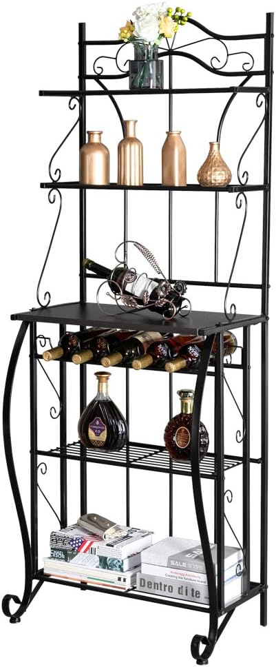 ROVSUN Upgrade Multiuse 5-Tier Metal Kitchen Bakers Rack, Microwave Storage Rack Oven Stand with Wine Storage Organizer Workstation Black (25" x 16" x 68") - Standing Baker's Racks