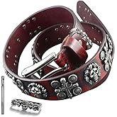 vogueteen Mens Goth Skull Cross Vintage Red Genuine Leather Belt Biker Rock One Size