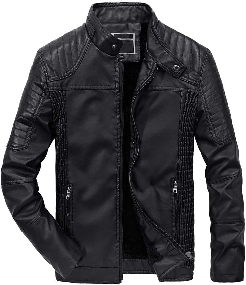DaySing Men's Plus Velvet Zipper Thermal Leather Jacket Autumn Winter Fashion Casual Pocket Coat Tops