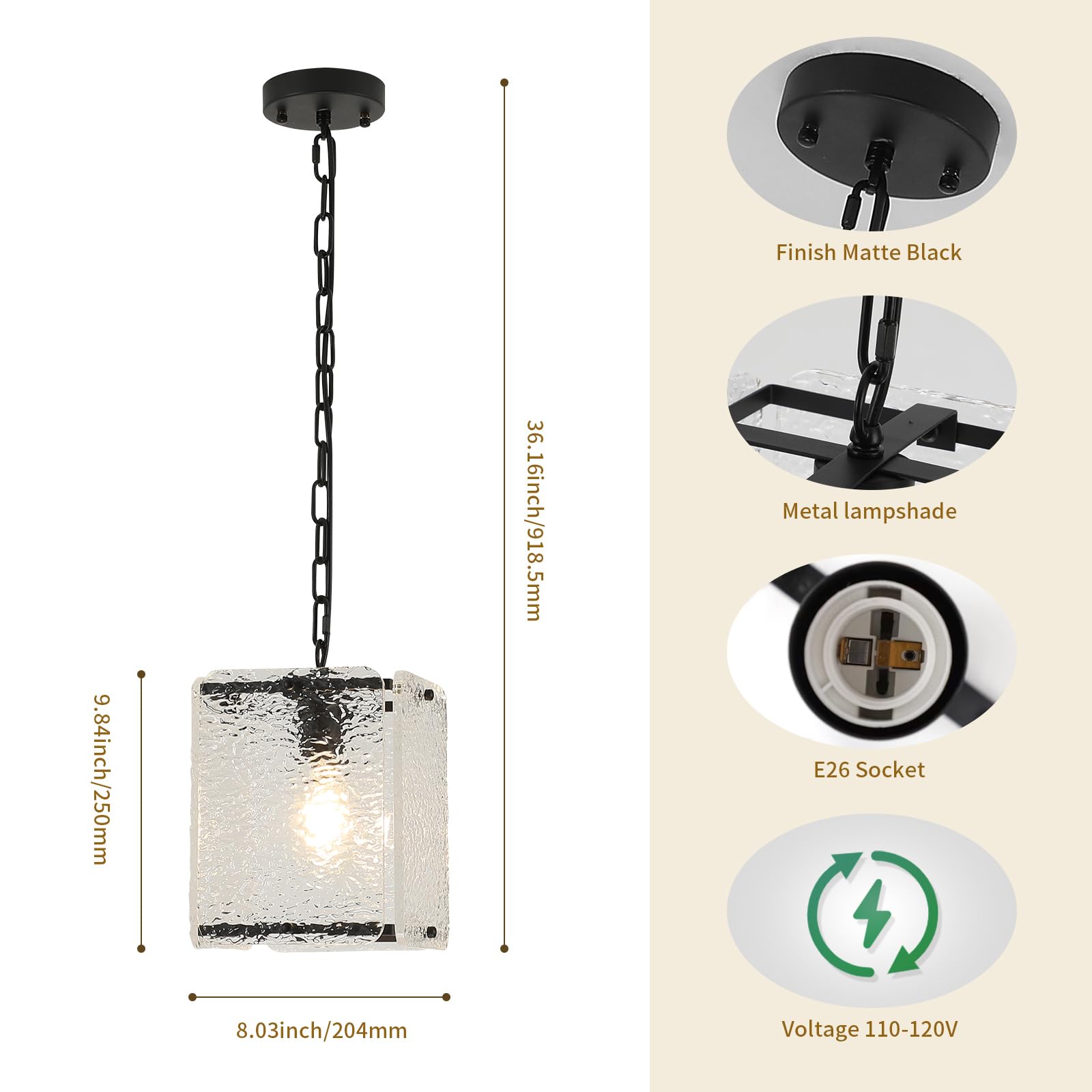 Bicrink Black Crystal Pendant Light for Kitchen Island Lights- Exquisite Elegant Chandelier with Water Ripple Glass - Height Adjustable - Dimmable - Great for Dining Room and Hallway., MT60026