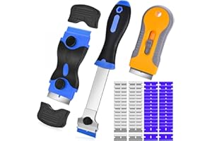 MTNZXZ Razor Blade Scraper, 3 Pack Shrink Scraper Tool with 50 Plastic and 30 Metal Razor Blades, Cleaning Scraper, for Removing Label, Registration Sticker, Tint, Grease from Windshield, Appliance, Glass