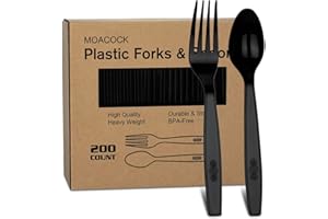 MOACOCK 200 Count Black Plastic Silverware, Heavy Weight Plastic Forks Spoons, Disposable Utensils Cutlery Set for Wedding Party Supplies Everyday Use