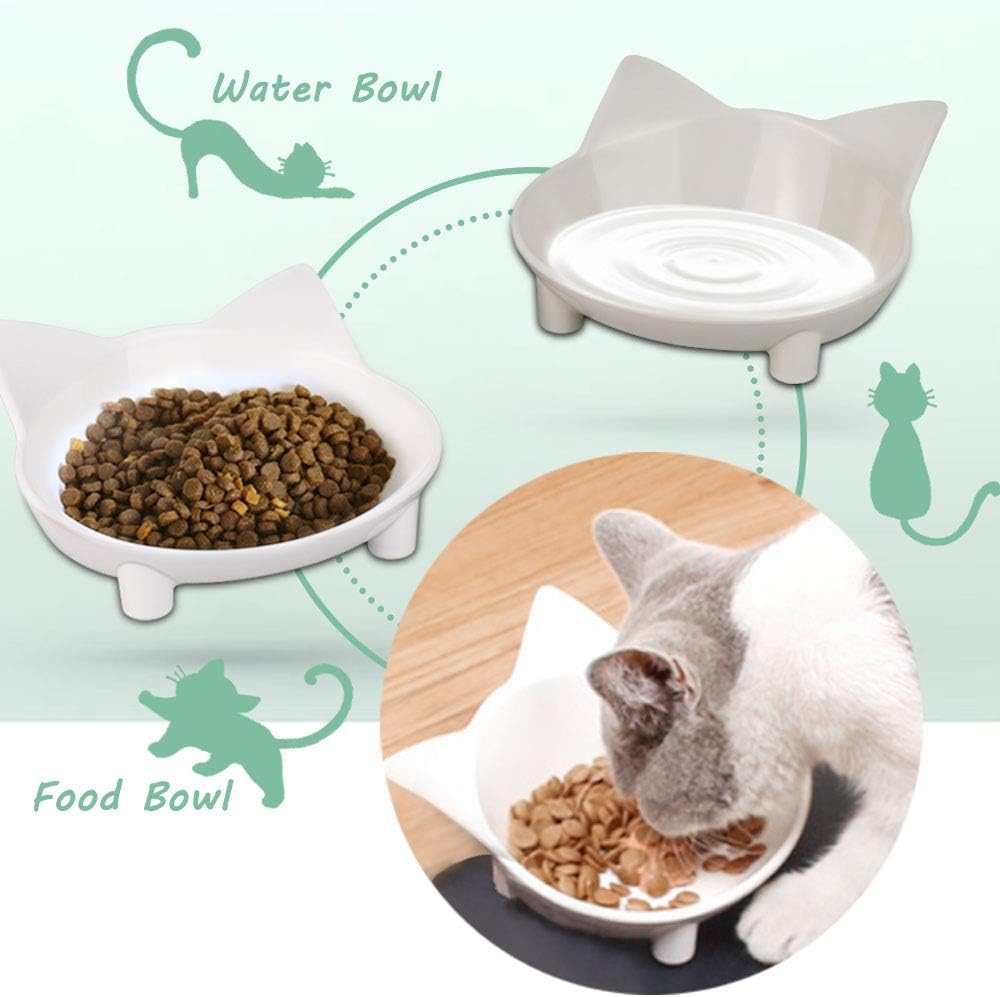 Comsmart 2 Pack Cat Bowls, Multi-purpose Pet Feeding Bowl, Anti-slip Cat Shaped Food and Water Feeder for Cats (White/Grey) - Image 3