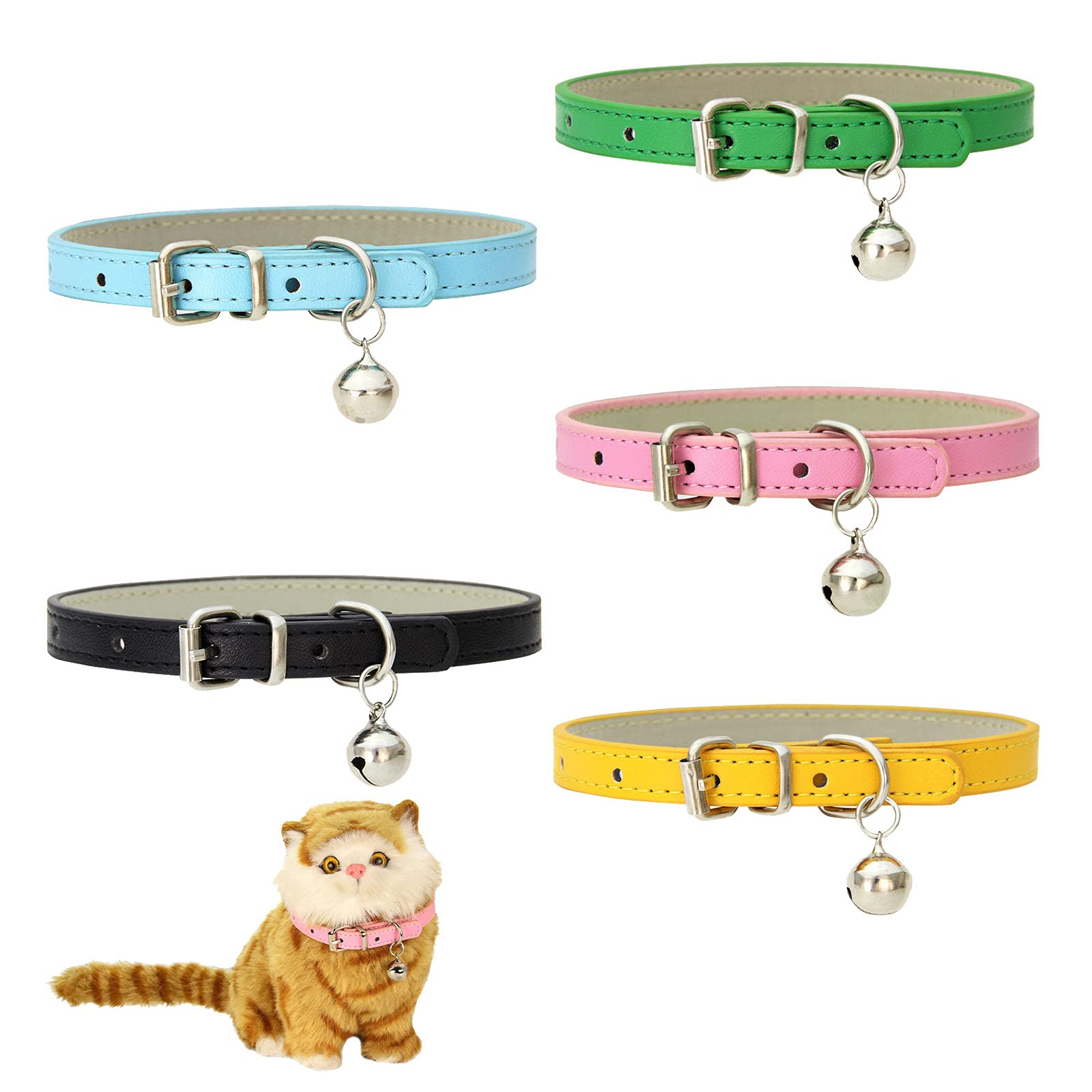 5Pcs Leather Cat Collars with Bells,Adjustable Durable Metal Buckle Kitten Collar, Pet Collars for Cats Small Dogs Pink Yellow Black Green Light Blue