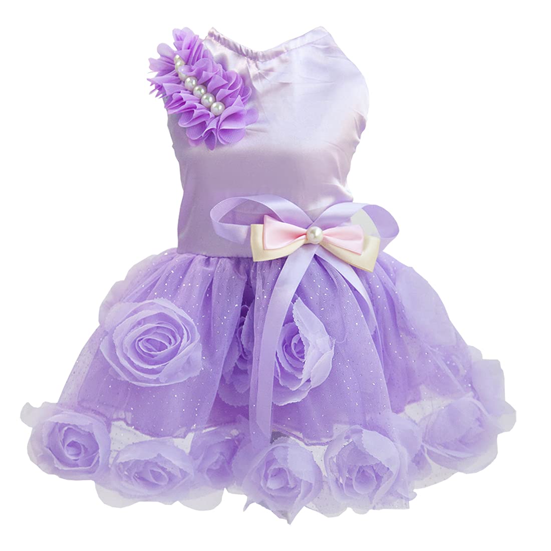 Dog Dress Luxury Puppy Skirt Clothes Princess Dresses Wedding Evening Tutu Skirt Rose Flower Bowknot Dresses for Small Dog Girl XS Purple