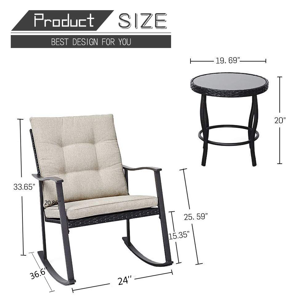 Black Oakmont 3 Piece Outdoor Rocking Chair Patio Furniture Bistro Sets 2 Chairs With Glass Coffee Table All Weather Steel Frame Patio Lawn Garden Bistro Sets
