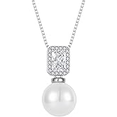 Inpasne Pearl Necklace for Women 925 Sterling Silver Birthstone Pendant Necklace Emerald Cut Jewelry Gifts for Her