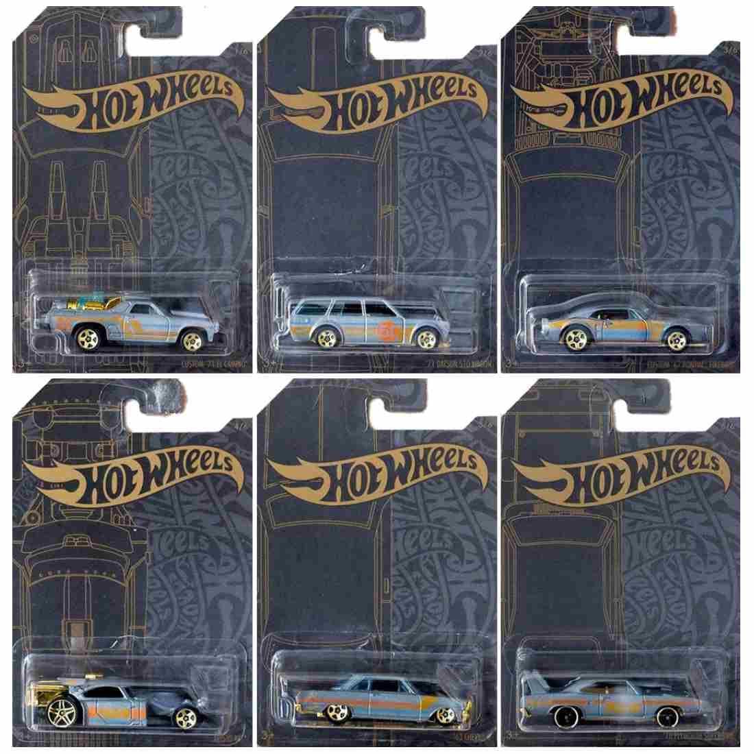 Hot Wheels 51st Anniversary Satin & Chrome Series Set of 6 Cars, Custom '71 El Camino, 71 Datsun 510 Wagon, Custom '67 Pontiac Firebird, Aristo Rat, 63 Chevy II