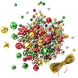 Shappy 208 Pieces Craft Bells Christmas Jingle Bells with Golden Silk Thread for Holiday Festival Party Decoration, 10, 15, 20, 25 mm, Assorted Colors