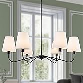LOZOHOM Black Farmhouse Chandeliers with White Fabric Shade,36" 6-Light Modern Dining Room Light Fixture with E12 Pendant Han