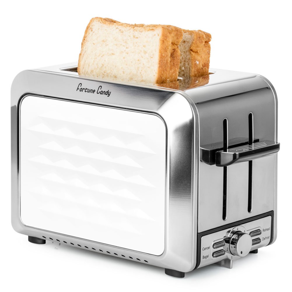 Toaster,Fortune Candy White Toaster 2 Slice,Stainless Steel Toaster with Extra Wide Slots,Removable Crumb Tray,High Lift Lever,Bagel Defrost Reheat Cancel Function,7 Setting Shade Selectors