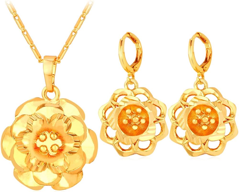 U7® Adorable Flower Pendant Necklace Earrings Set Dubai Gold Jewellery